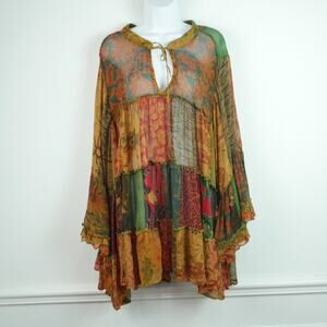 Boho Patchwork Gauze Tunic Top 3X Oversized Festival Lagenlook Sheer Bell Sleeve